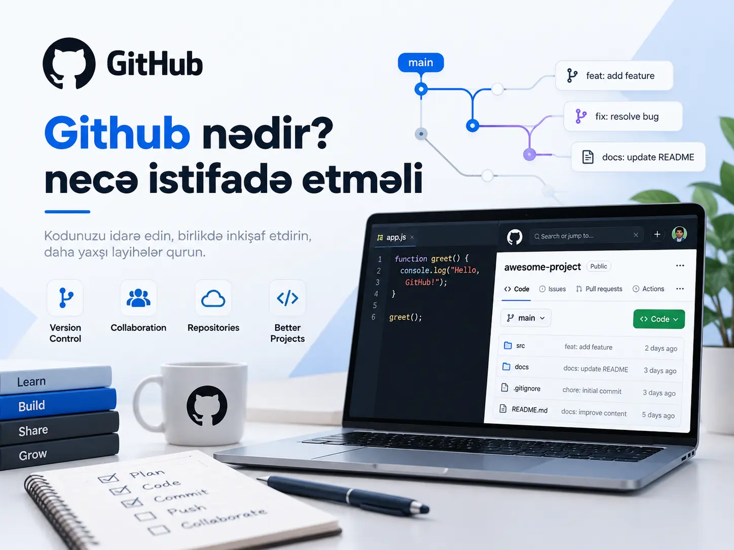 GitHub, GitHub istifadə qaydası, GitHub nə üçün istifadə olunur, Git və GitHub fərqi, GitHub repository nədir, GitHub repository yaratmaq, GitHub hesabı necə açılır, GitHub branch nədir, GitHub commit nədir, GitHub pull request nədir, GitHub merge nədir, GitHub clone nədir, GitHub fork nədir, GitHub push nədir, GitHub pull nədir, GitHub-a layihə yükləmək, GitHub layihə paylaşmaq, GitHub yeni başlayanlar üçün, GitHub dərsləri, GitHub proqramlaşdırma, GitHub versiya idarəetmə, Git versiya nəzarəti, repository nədir, branch nədir, commit nədir, pull request nədir, open source nədir, GitHub ilə komanda işi, GitHub portfolio, developer GitHub hesabı.