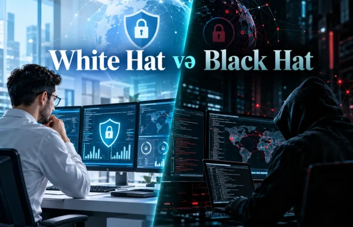 white hat hacker, black hat hacker, ethical hacker, ethical hacking, etik haker, ağ papaqlı haker, qara papaqlı haker, white hat hacker nədir, black hat hacker nədir, white hat və black hat fərqi, hacker növləri, kibertəhlükəsizlik, kibertəhlükəsizlik mütəxəssisi, penetration testing, pentest, informasiya təhlükəsizliyi, cybersecurity, ethical hacking kursu, kibertəhlükəsizlik kursu, kibertəhlükəsizlik təlimi