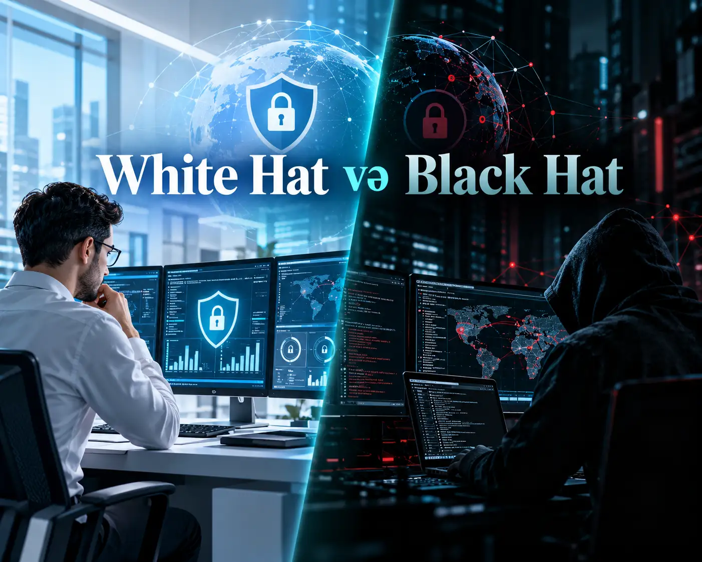 white hat hacker, black hat hacker, ethical hacker, ethical hacking, etik haker, ağ papaqlı haker, qara papaqlı haker, white hat hacker nədir, black hat hacker nədir, white hat və black hat fərqi, hacker növləri, kibertəhlükəsizlik, kibertəhlükəsizlik mütəxəssisi, penetration testing, pentest, informasiya təhlükəsizliyi, cybersecurity, ethical hacking kursu, kibertəhlükəsizlik kursu, kibertəhlükəsizlik təlimi